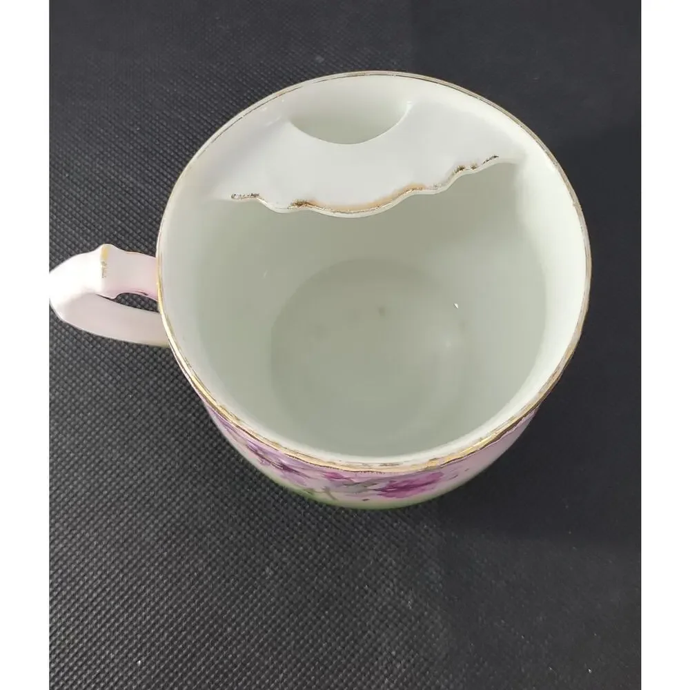 Antique Bavaria Hand Painted Mustache Cup Floral Porcelain Shaving Mug Gold Trim